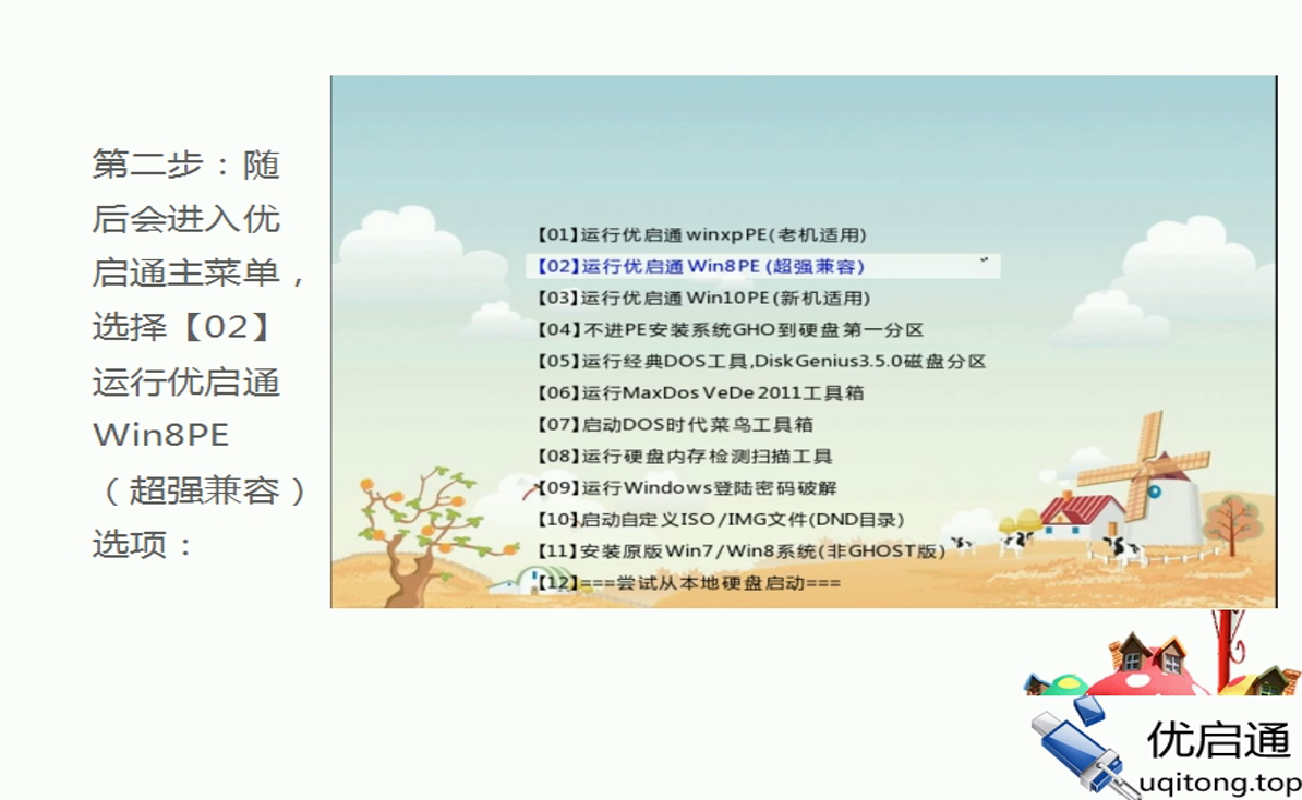 优启通主菜单：选择【02】运行优启通Win8PE（超强兼容）