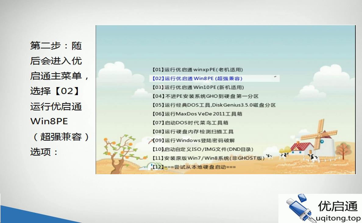 优启通主菜单(带操作说明):选择【02】运行优启通Win8PE