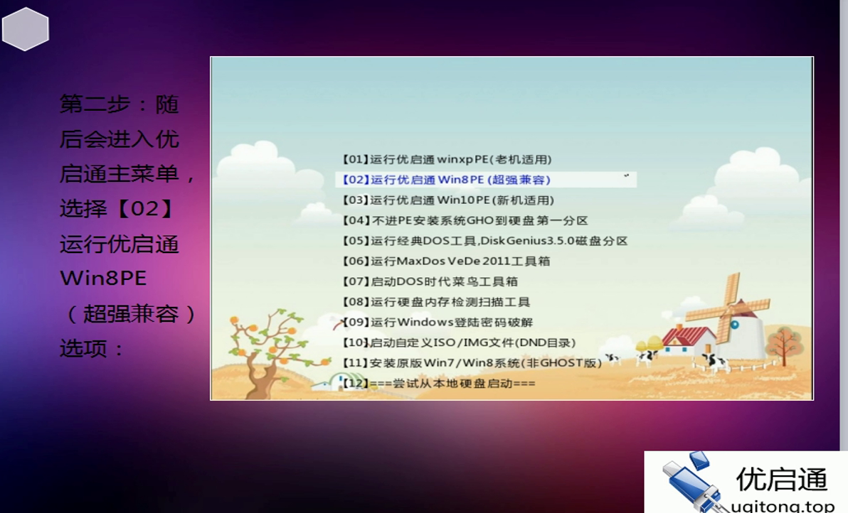 优启通主菜单（带操作说明）：选择【02】运行优启通Win8PE